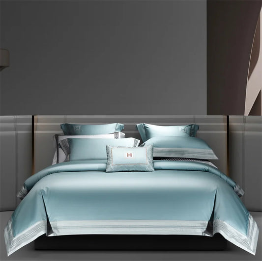 Heirloom Harmony Luxury Embroidered Egyptian Cotton 1000 TC Duvet Set - Aqua Blue/Champagne/Blush/Jade Green/Light Grey/Blue
