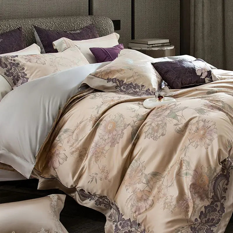 Imperial Orchid Brocade Embroidered 1000 TC Cotton Duvet Set - Ivory