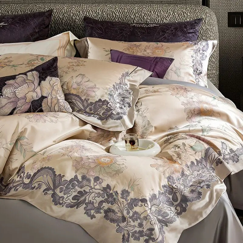 Imperial Orchid Brocade Embroidered 1000 TC Cotton Duvet Set - Ivory