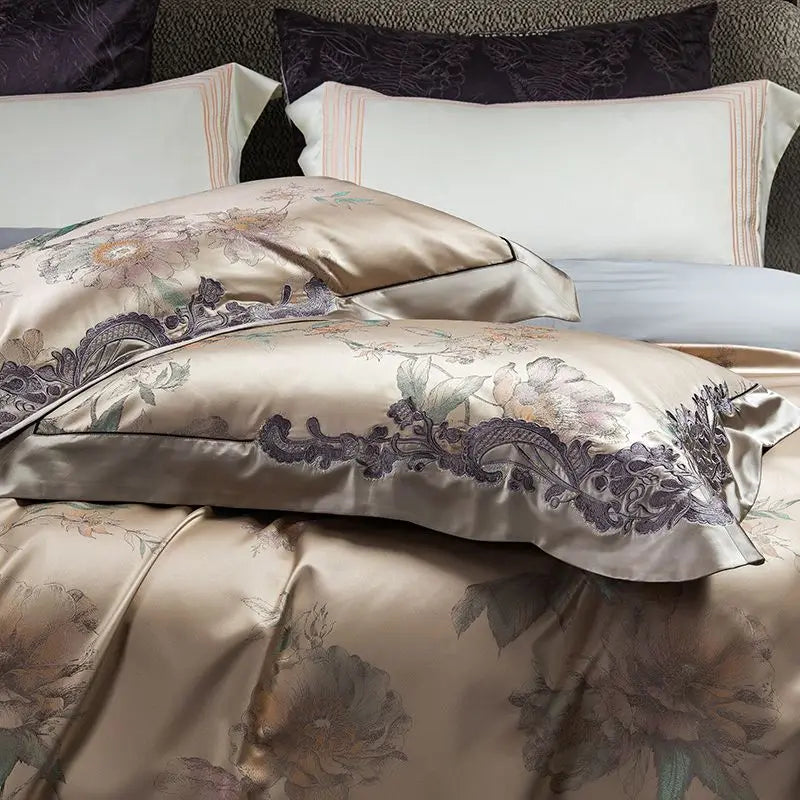 Imperial Orchid Brocade Embroidered 1000 TC Cotton Duvet Set - Ivory
