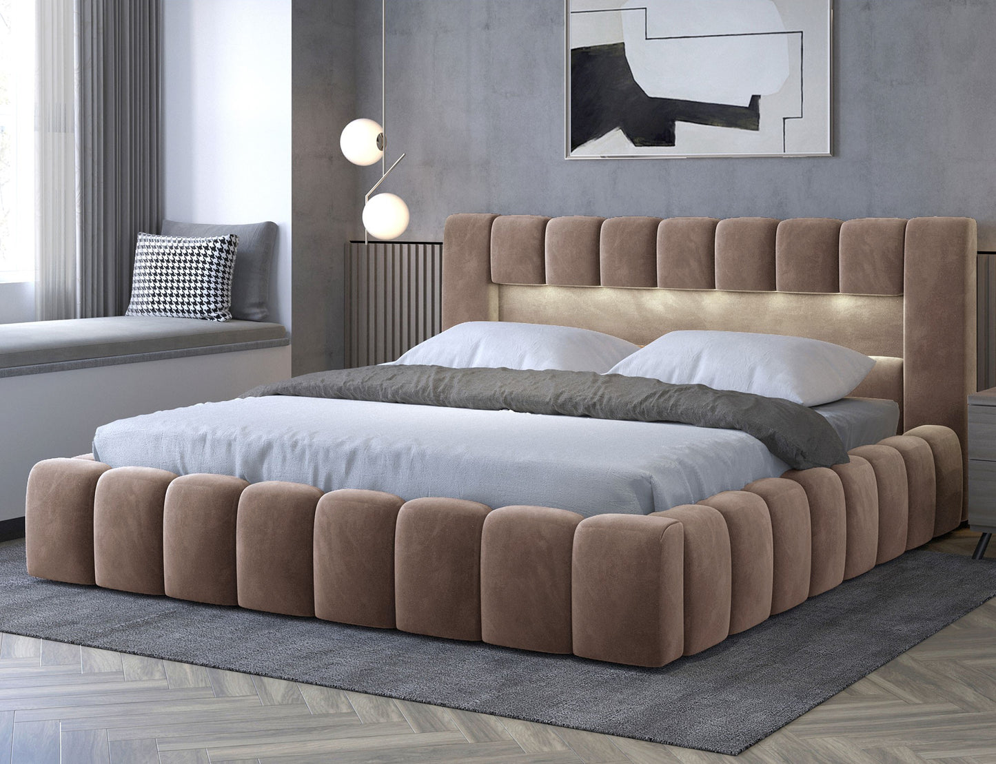 ReForm Creative Home Lamica Upholstered LED Storage Platform Bed - Beige Free Delivery USA & Canada