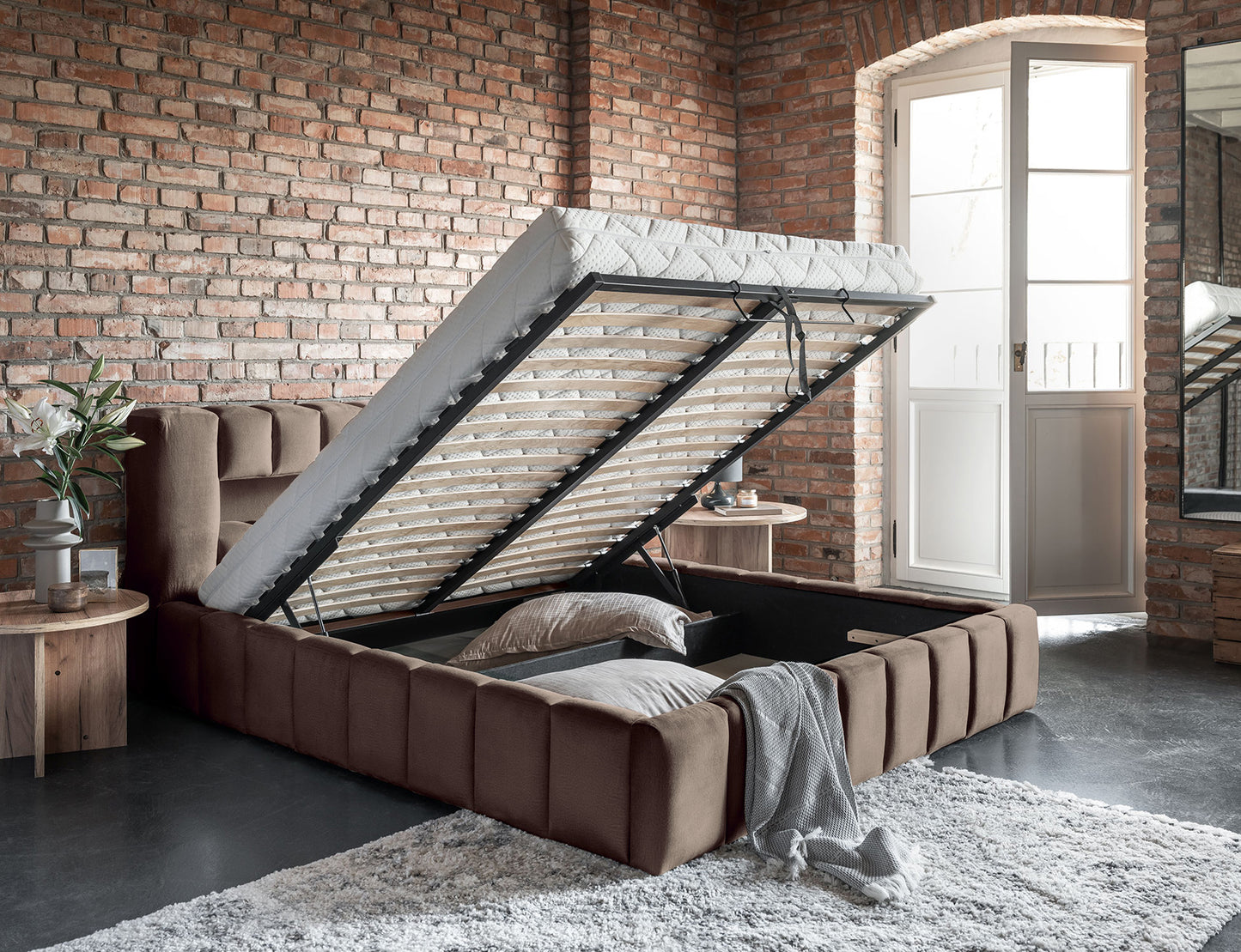 ReForm Creative Home Lamica Upholstered LED Storage Platform Bed - Beige Free Delivery USA & Canada