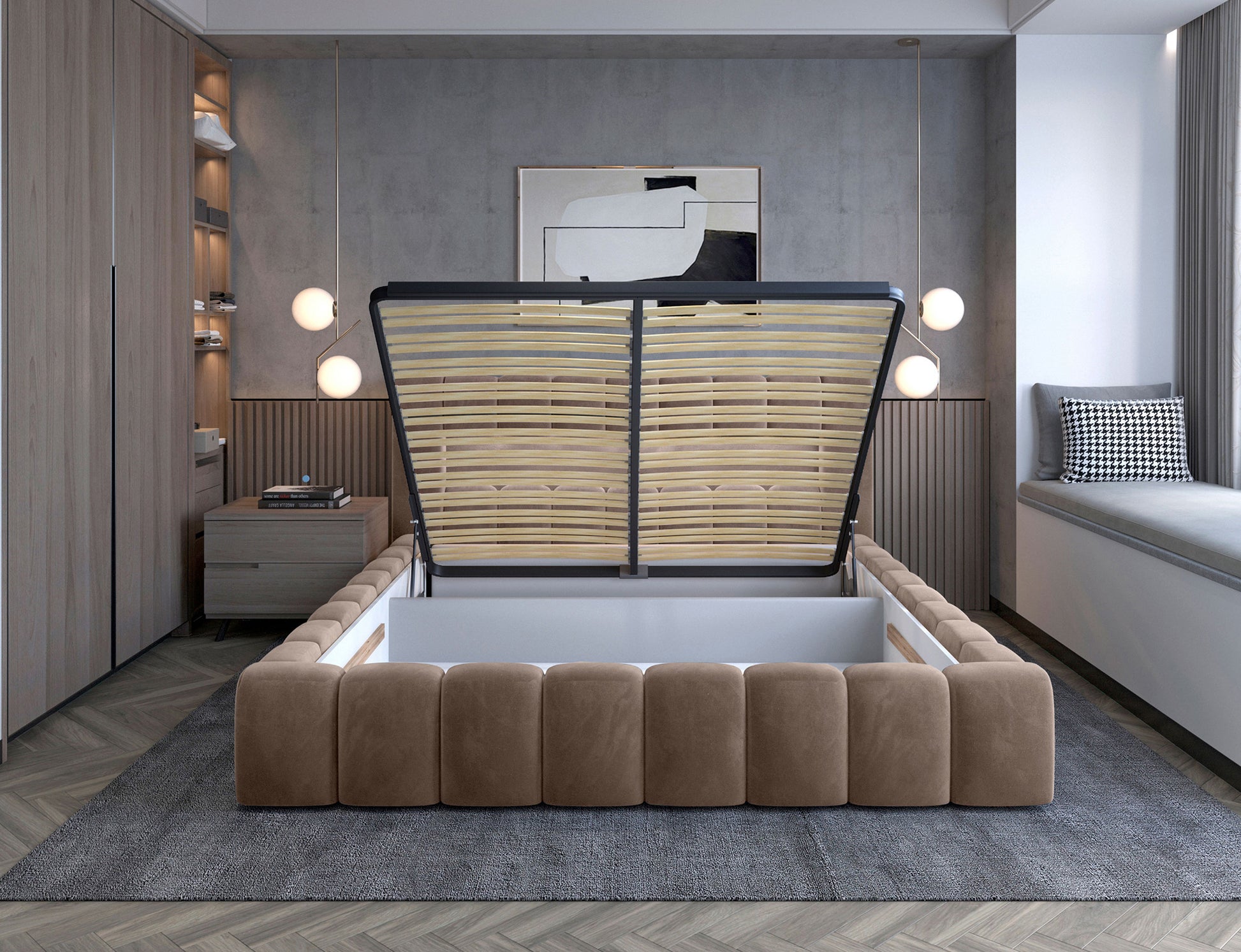 ReForm Creative Home Lamica Upholstered LED Storage Platform Bed - Beige Free Delivery USA & Canada