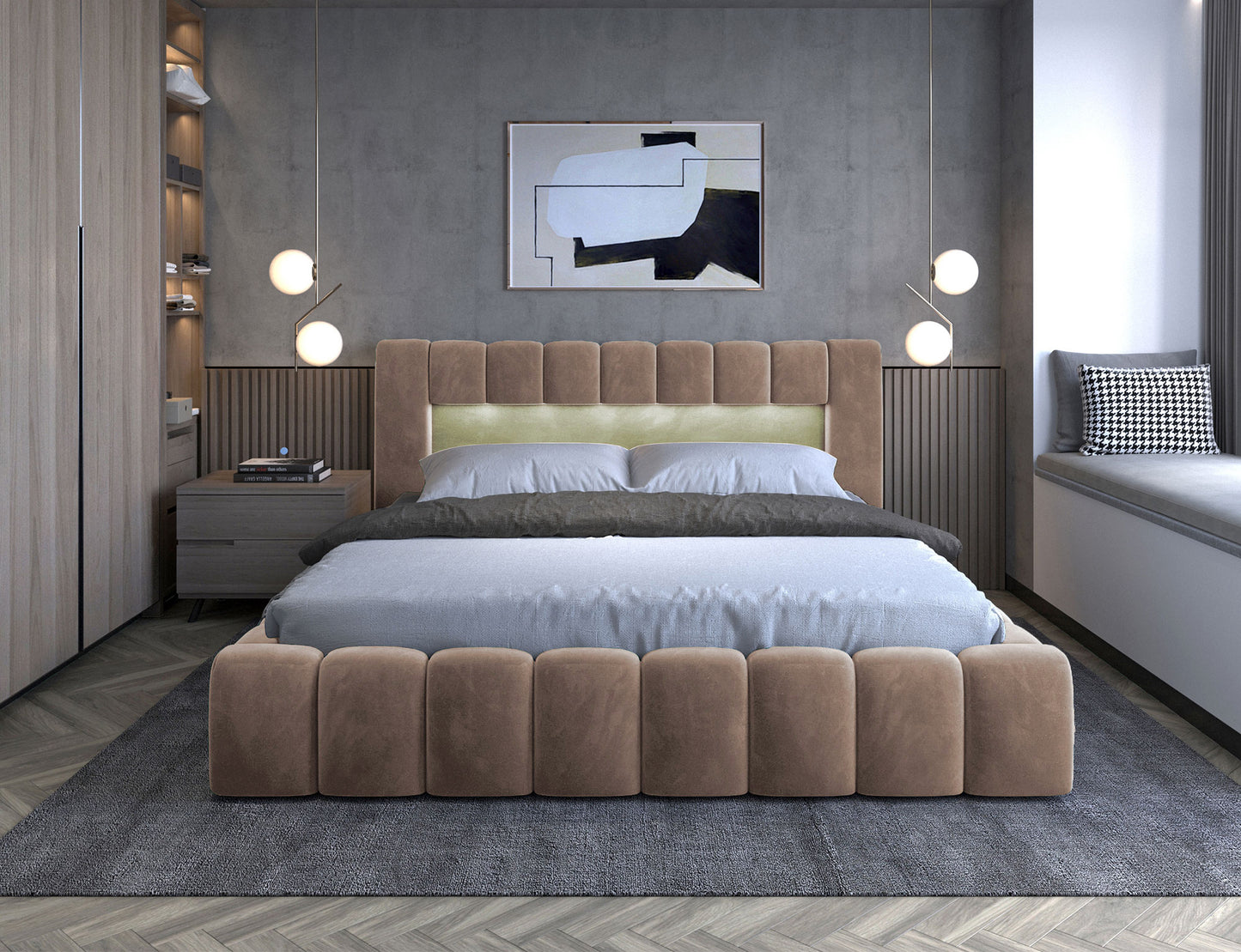 ReForm Creative Home Lamica Upholstered LED Storage Platform Bed - Beige Free Delivery USA & Canada