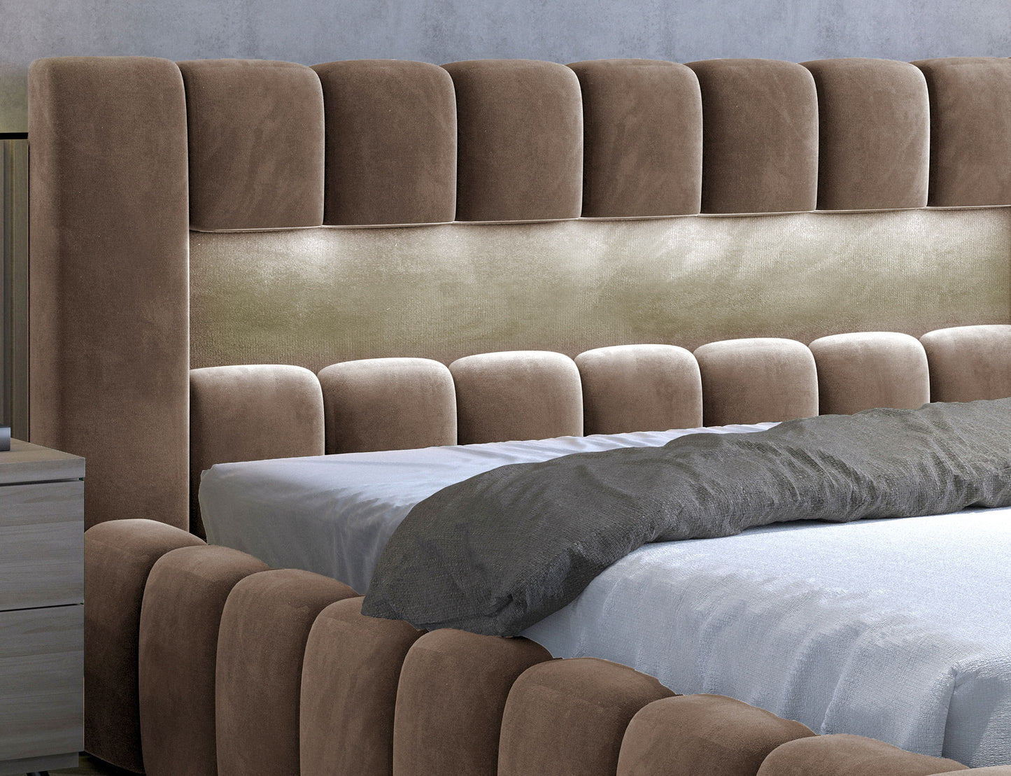 ReForm Creative Home Lamica Upholstered LED Storage Platform Bed - Beige Free Delivery USA & Canada