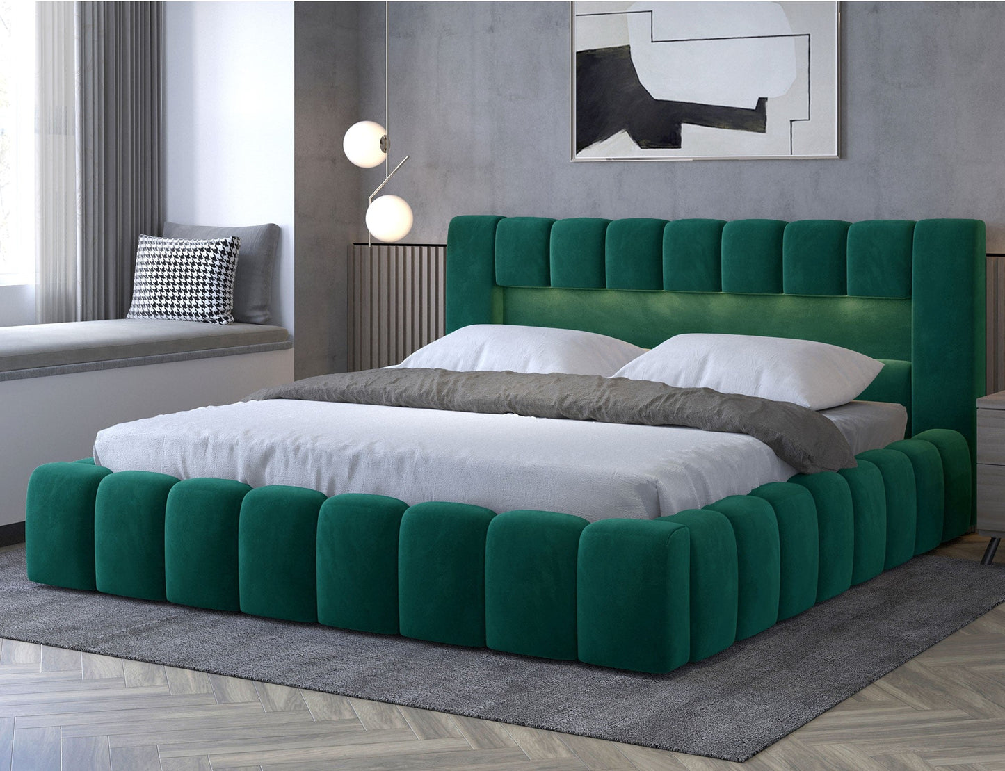ReForm Creative Home Lamica Upholstered LED Storage Platform Bed - Emerald Green Free Delivery USA & Canada