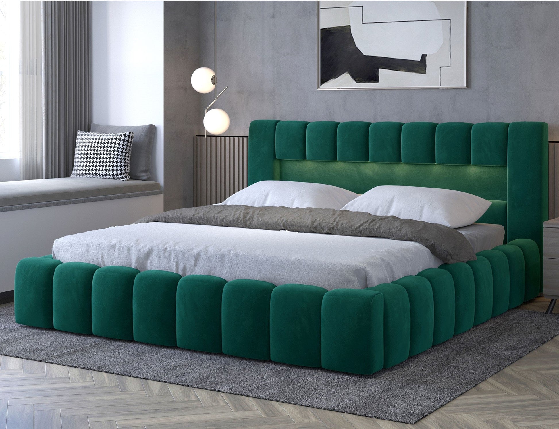 ReForm Creative Home Lamica Upholstered LED Storage Platform Bed - Emerald Green Free Delivery USA & Canada