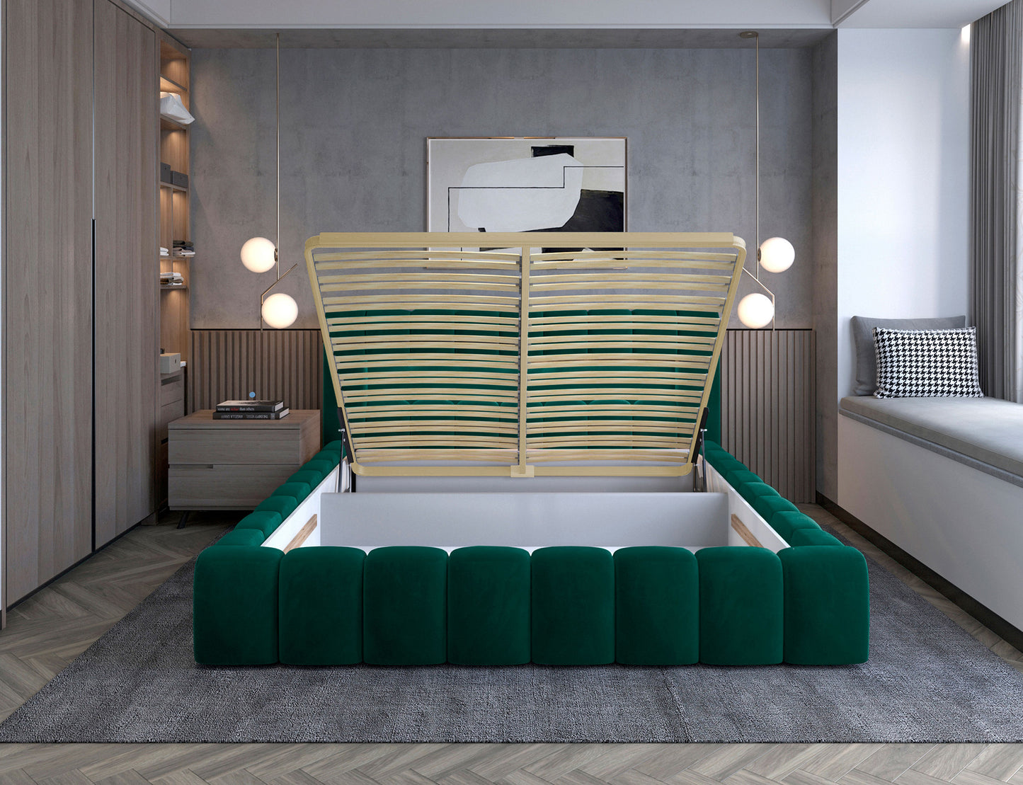 ReForm Creative Home Lamica Upholstered LED Storage Platform Bed - Emerald Green Free Delivery USA & Canada