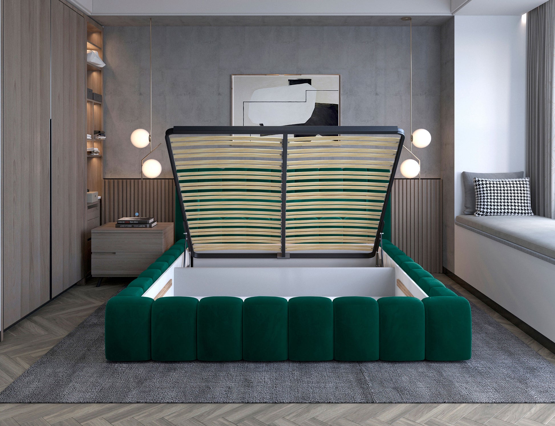 ReForm Creative Home Lamica Upholstered LED Storage Platform Bed - Emerald Green Free Delivery USA & Canada