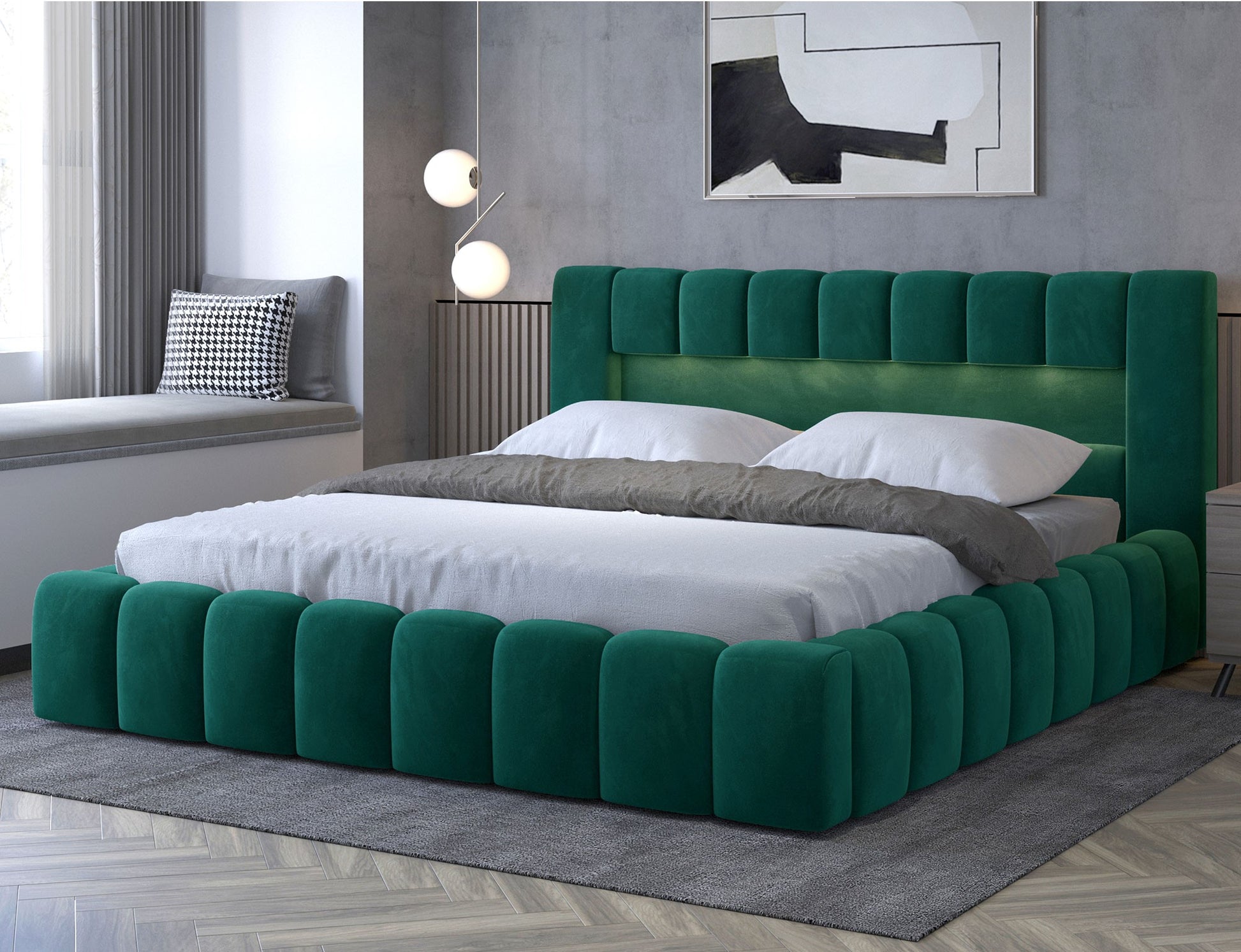 ReForm Creative Home Lamica Upholstered LED Storage Platform Bed - Emerald Green Free Delivery USA & Canada