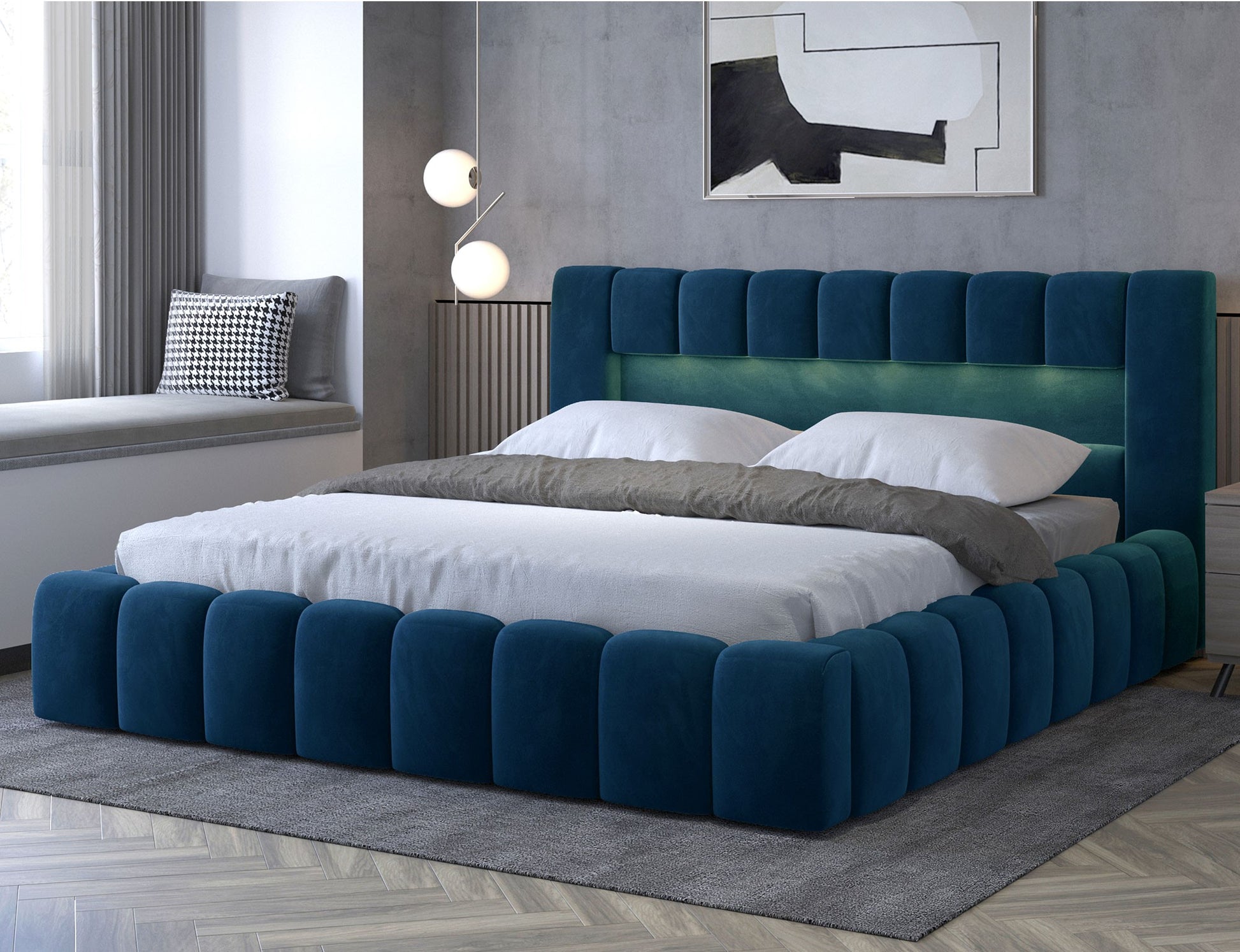 ReForm Creative Home Lamica Upholstered LED Storage Platform Bed - Teal Blue Free Delivery USA & Canada