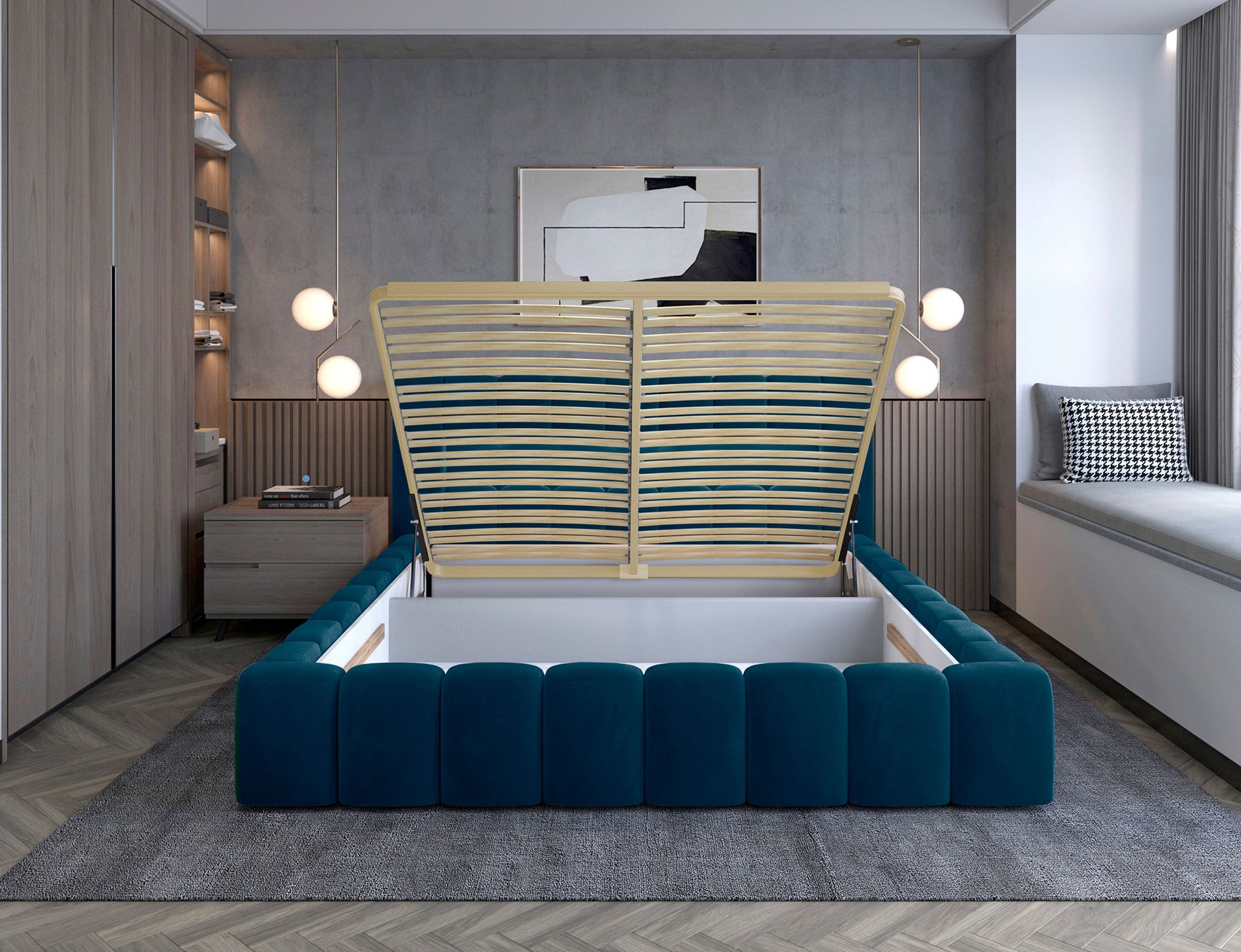 ReForm Creative Home Lamica Upholstered LED Storage Platform Bed - Teal Blue Free Delivery USA & Canada