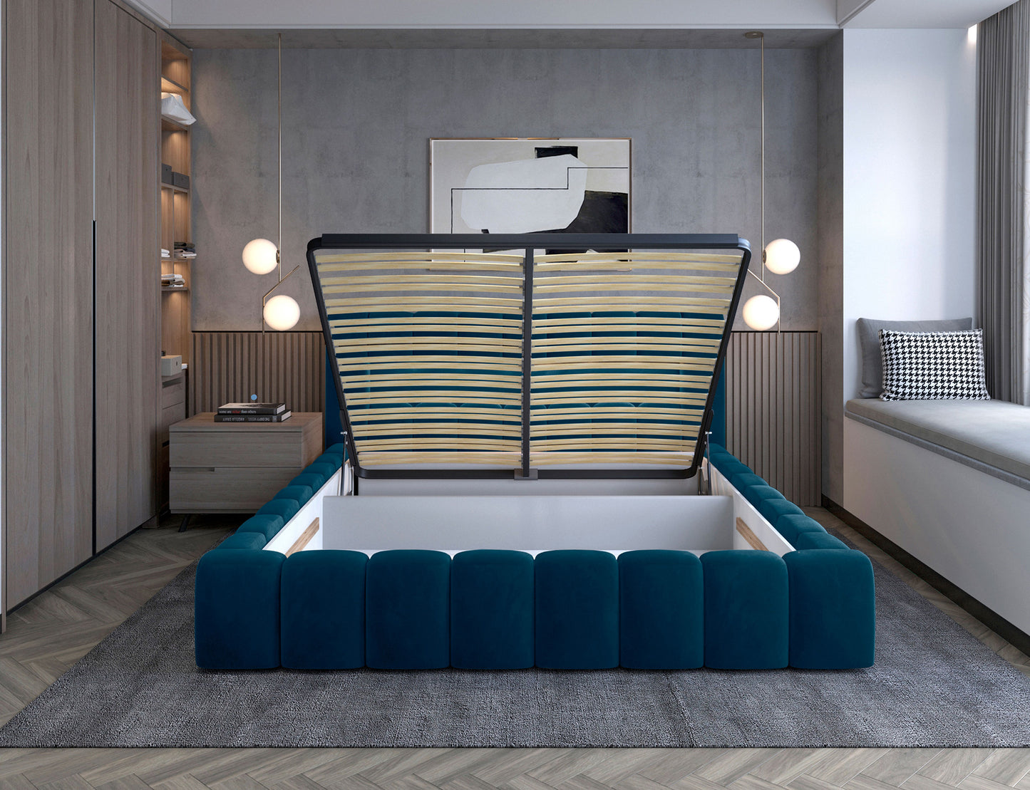 ReForm Creative Home Lamica Upholstered LED Storage Platform Bed - Teal Blue Free Delivery USA & Canada