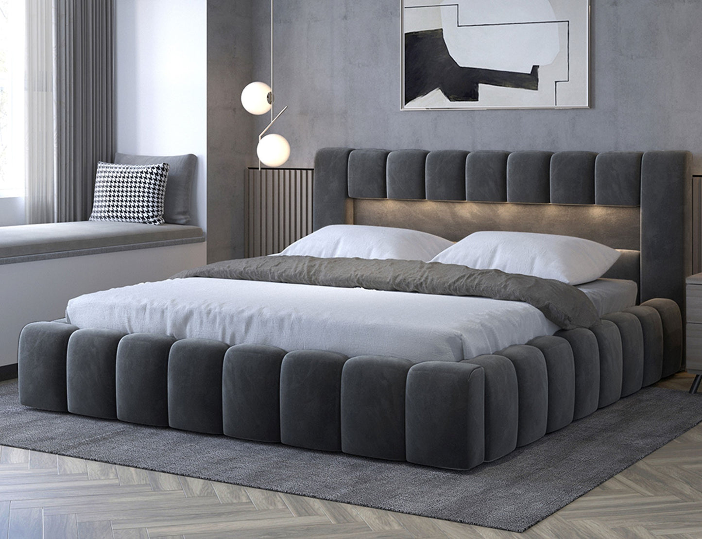 ReForm Creative Home Lamica Upholstered LED Storage Platform Bed - Dark Grey Free Delivery USA & Canada