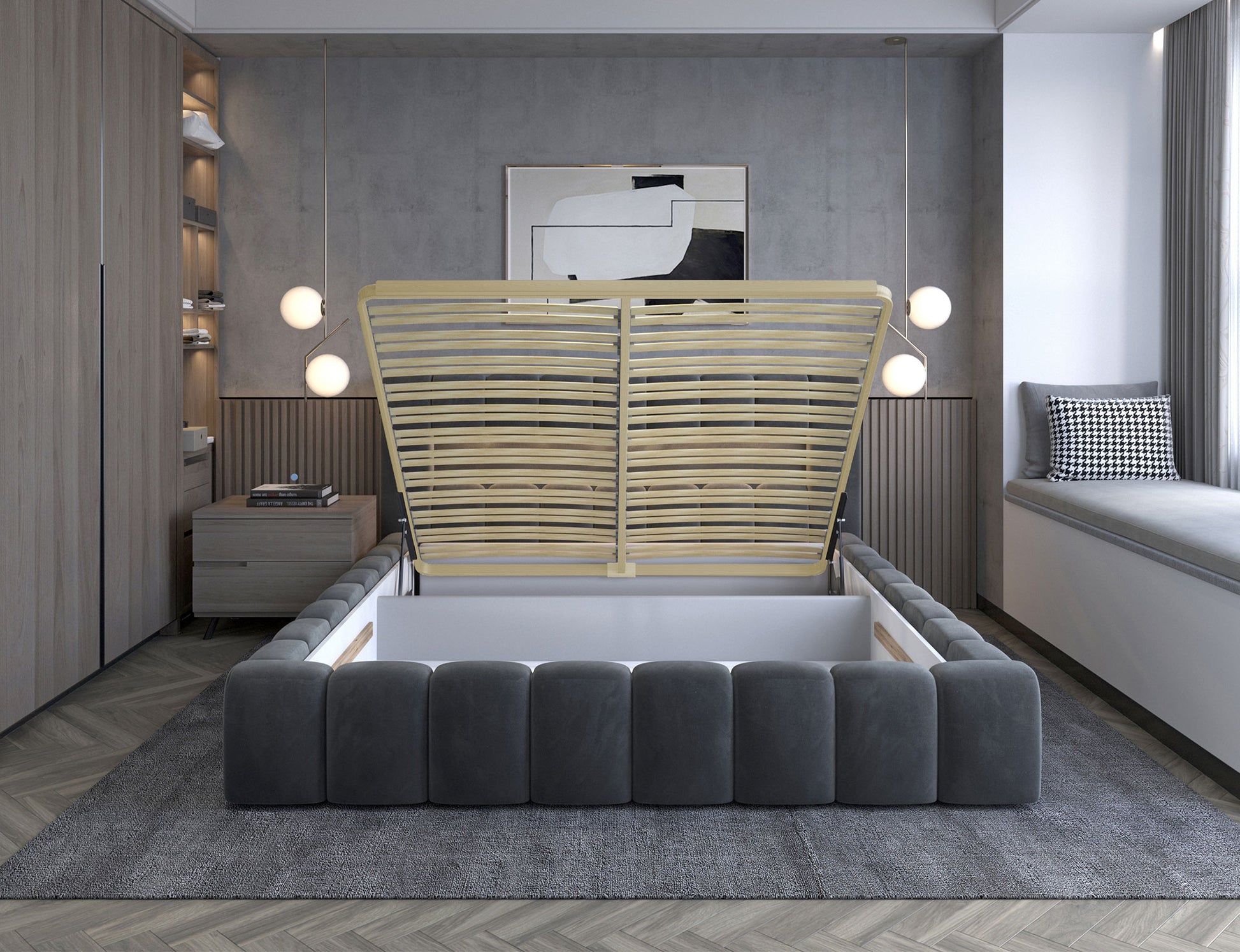 ReForm Creative Home Lamica Upholstered LED Storage Platform Bed - Dark Grey Free Delivery USA & Canada