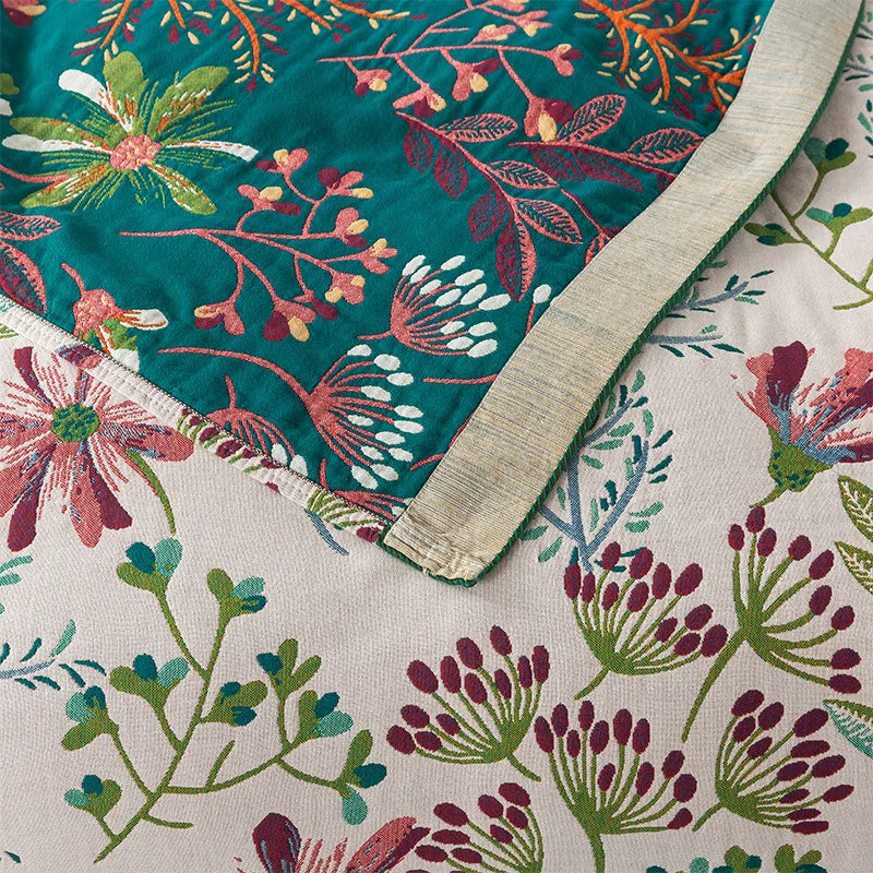Wild Garden Boho Cotton Blanket/Throw - Cream/Emerald Green