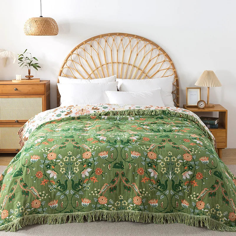 Wild Garden Boho Cotton Blanket/Throw - Cream/Forest Green