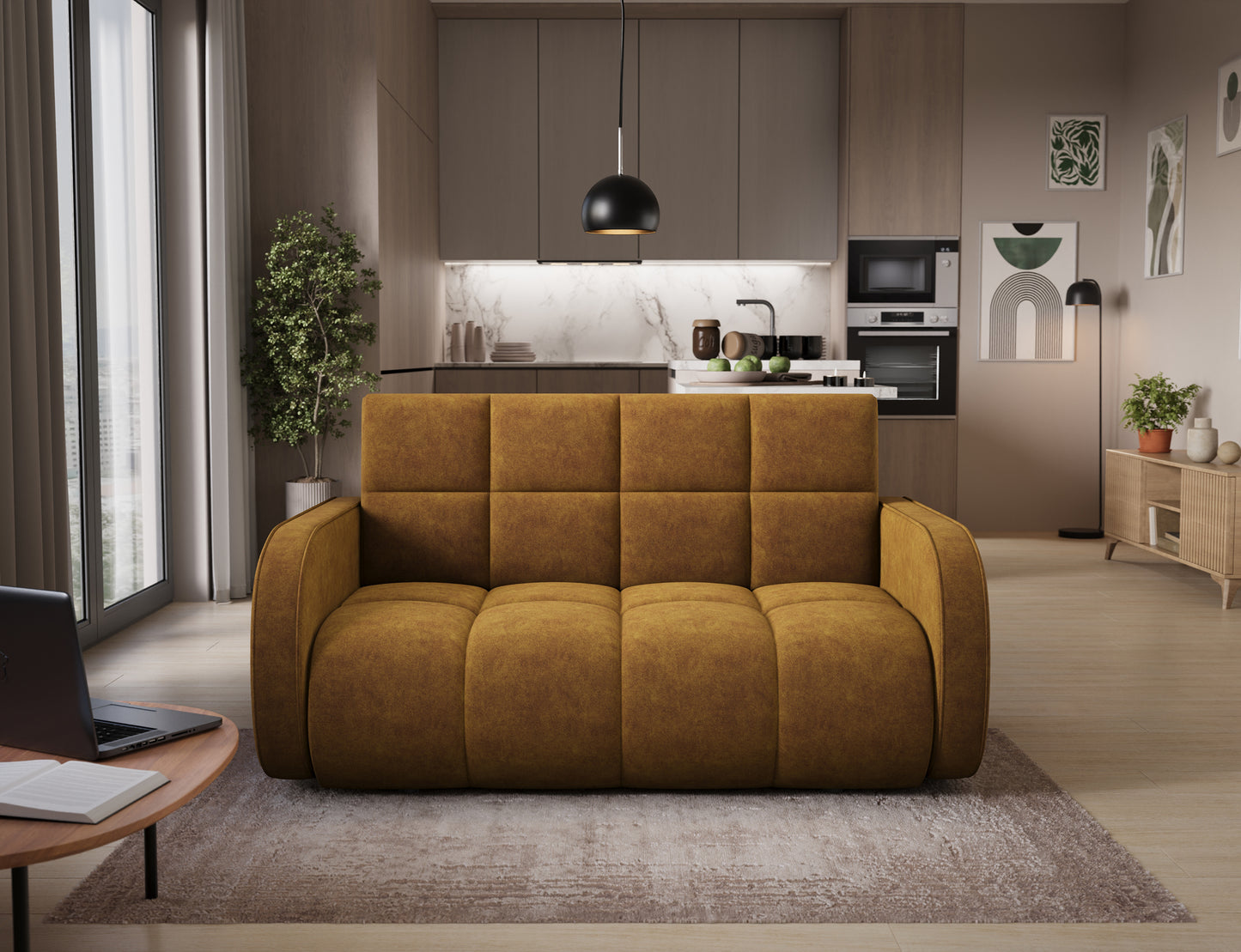 eForm Creative Home Deverio 3 Seater Condo Size Storage Sleeper Sofa - Mustard-Free Delivery-USA & CANADA