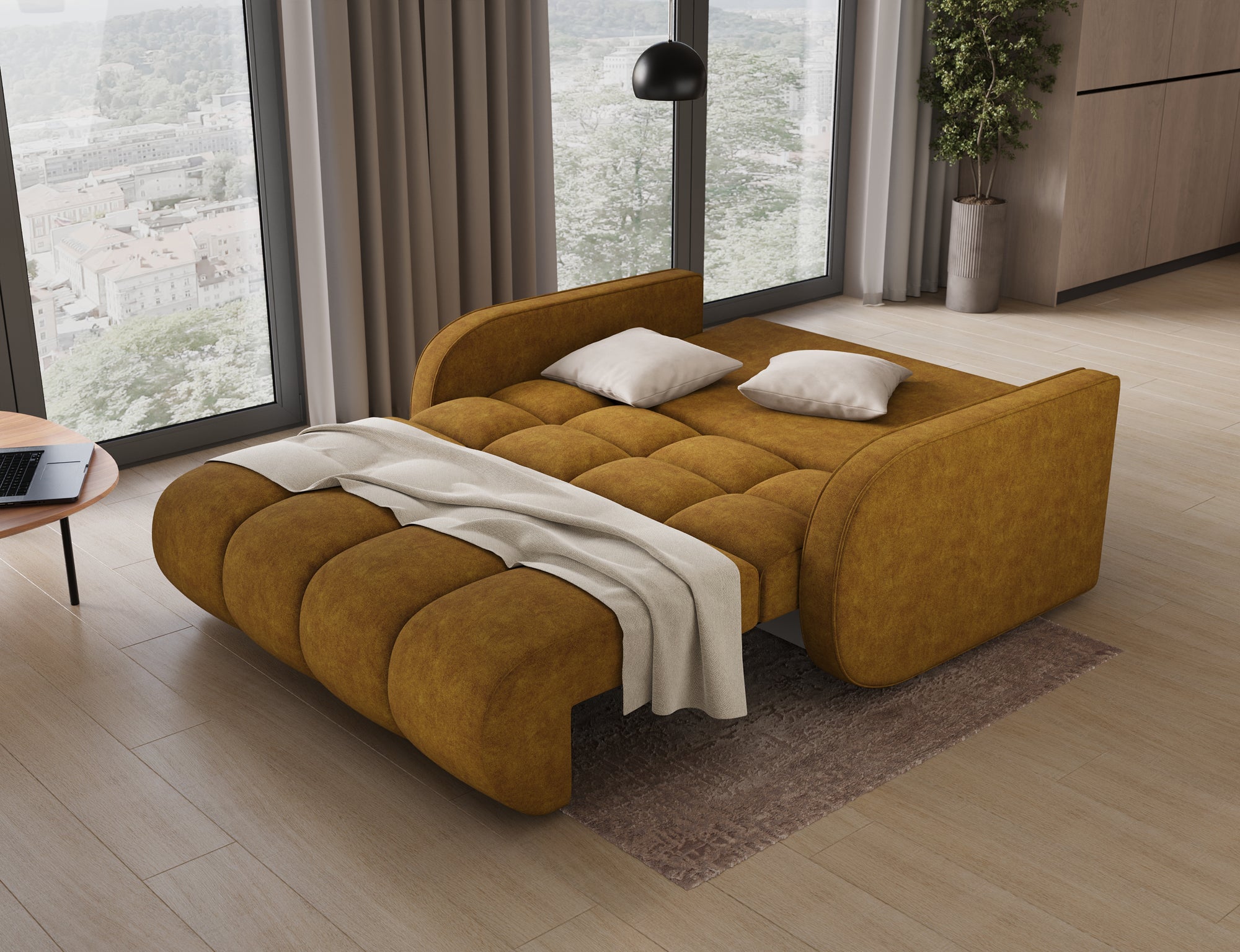 eForm Creative Home Deverio 3 Seater Condo Size Storage Sleeper Sofa - Mustard-Free Delivery-USA & CANADA
