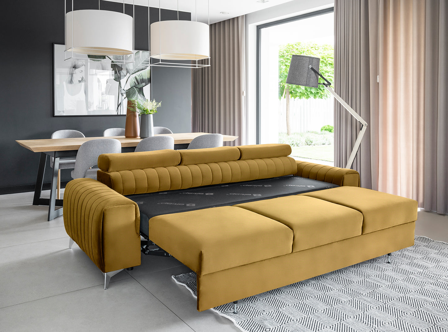 Laurence 3 Seater Velvet Sleeper Sofa - Mustard