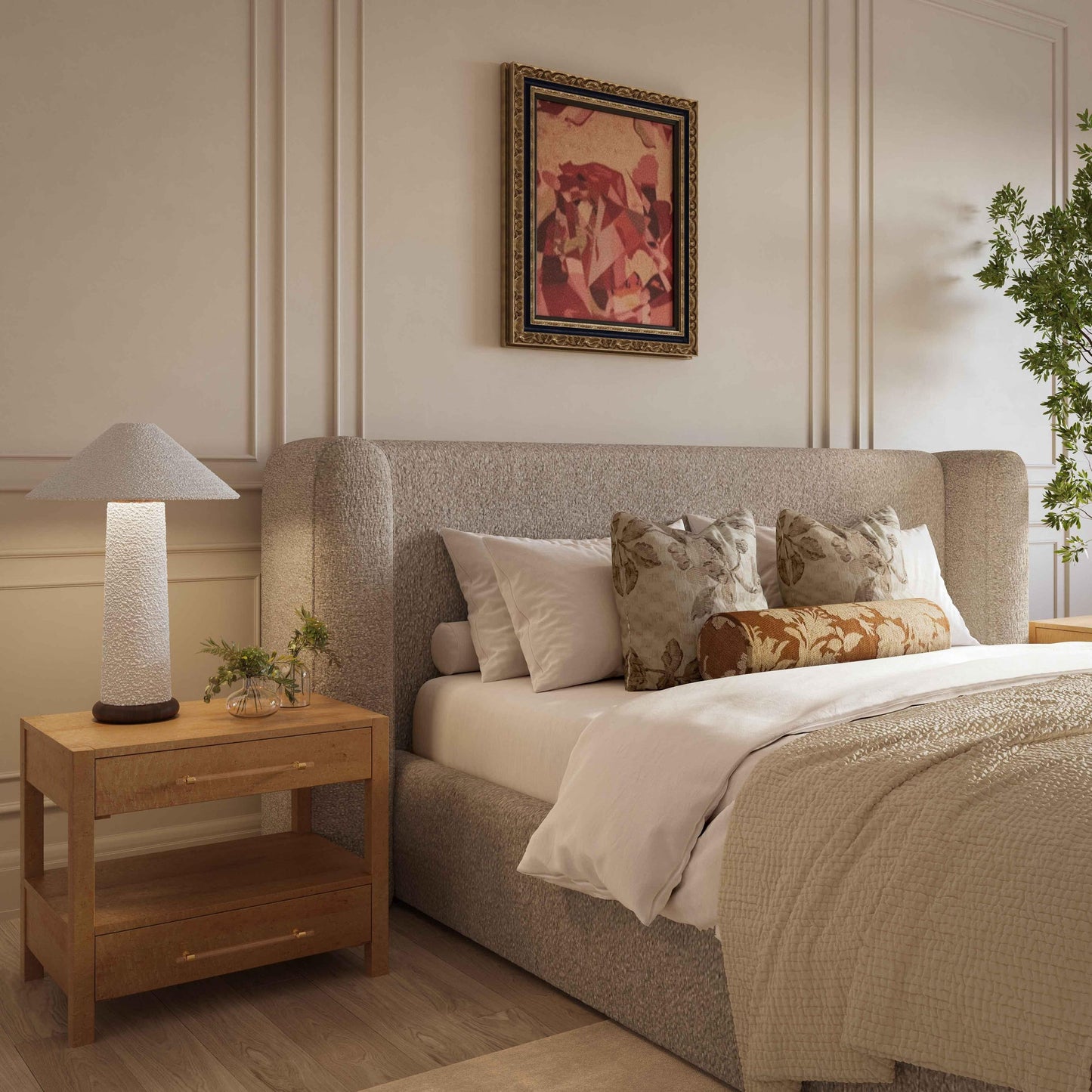 ReForm Creative Home Duru Upholstered Performance Grade Platform Boucle Bed - Taupe. Free Delivery-USA & CANADA