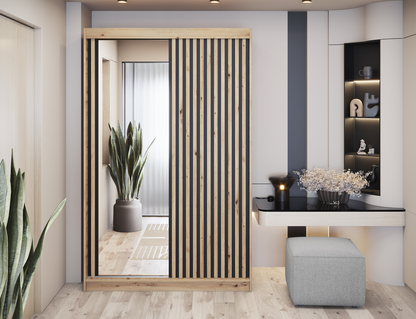 Emerio Mirrored 2 Sliding Door Freestanding Wardrobe - Maple Oak