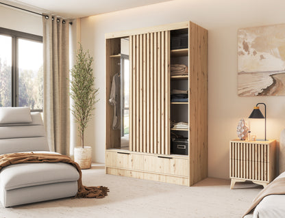 Voodi II Oak Wood Paneled Free Standing Wardrobe - Light Artisan Oak
