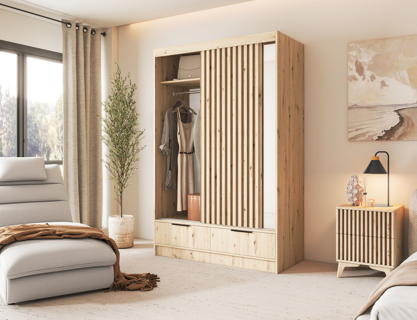 Voodi II Oak Wood Paneled Free Standing Wardrobe - Light Artisan Oak