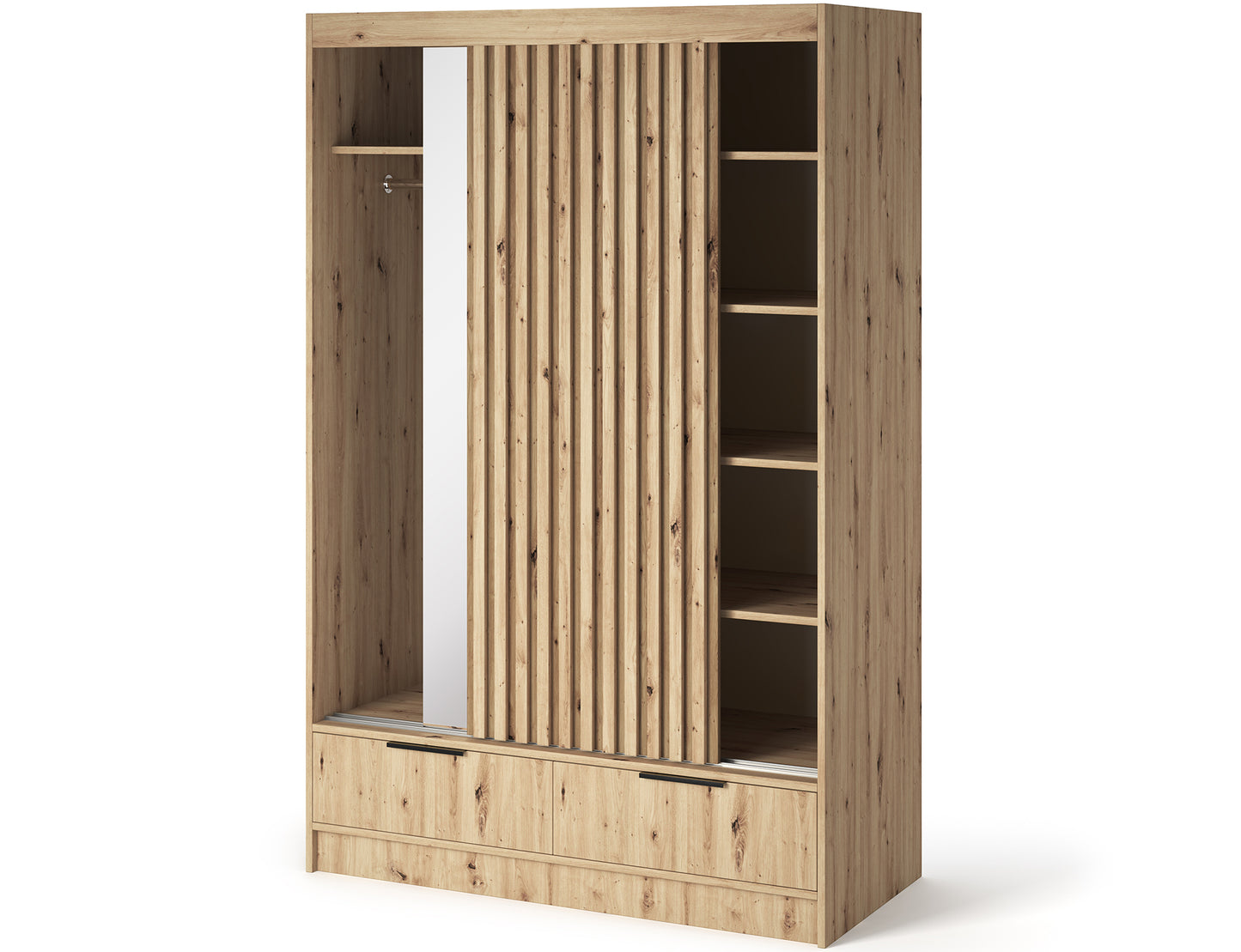Voodi II Oak Wood Paneled Free Standing Wardrobe - Light Artisan Oak