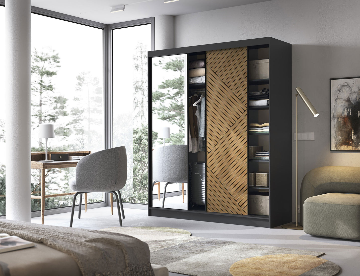 Marrphy Mirrored 3 Sliding Door Freestanding Wardrobe - Black/Oak Caramel