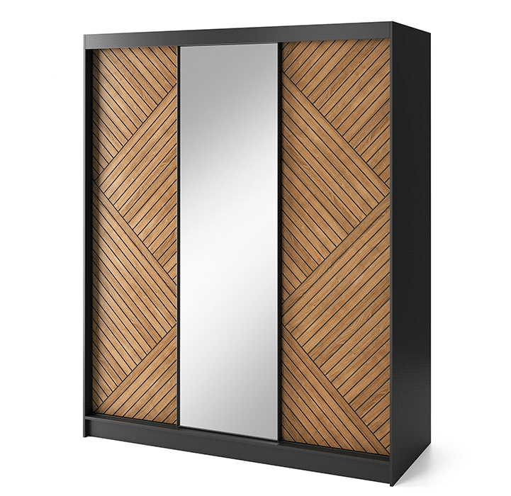 Marrphy Mirrored 3 Sliding Door Freestanding Wardrobe - Black/Oak Caramel