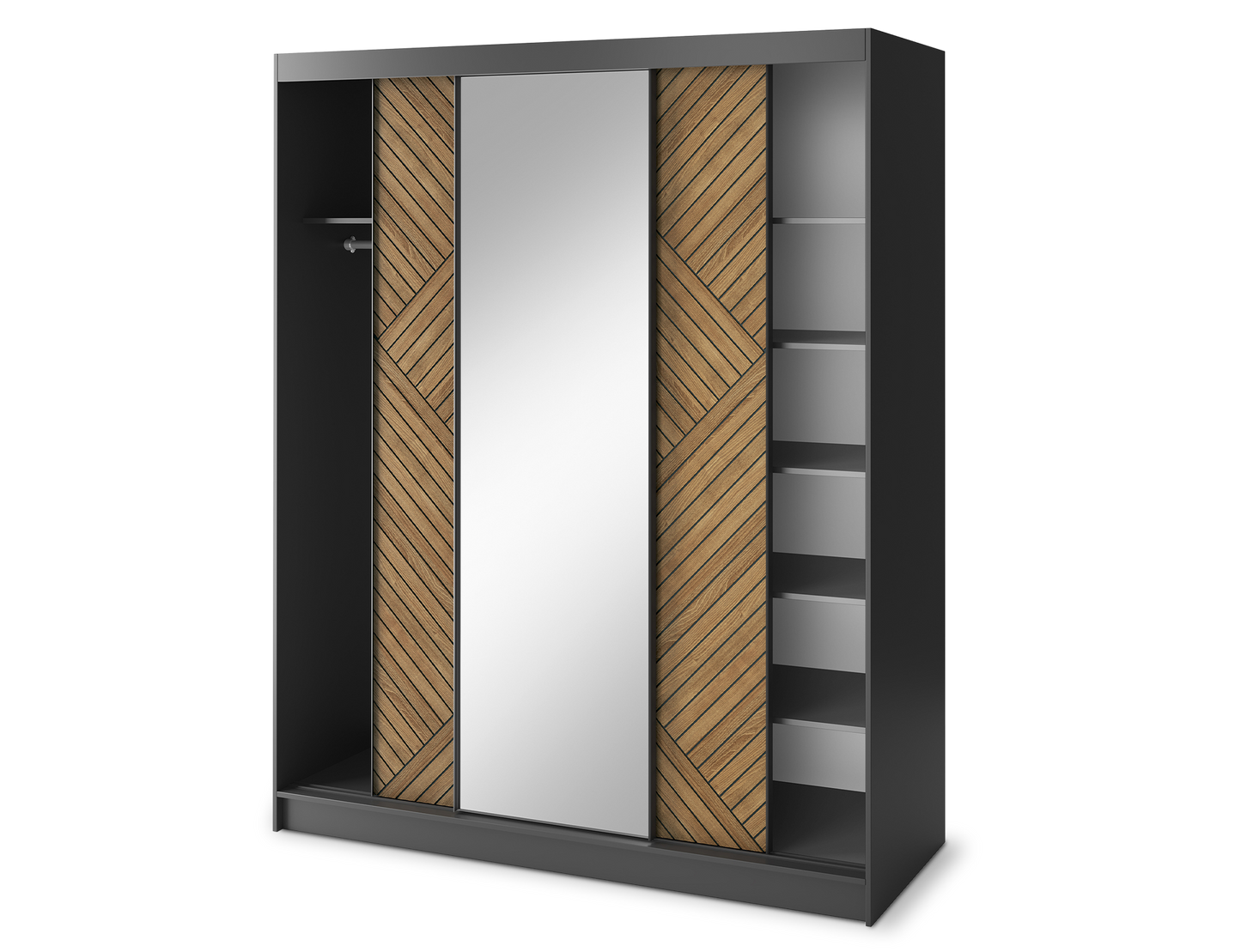 Marrphy Mirrored 3 Sliding Door Freestanding Wardrobe - Black/Oak Caramel