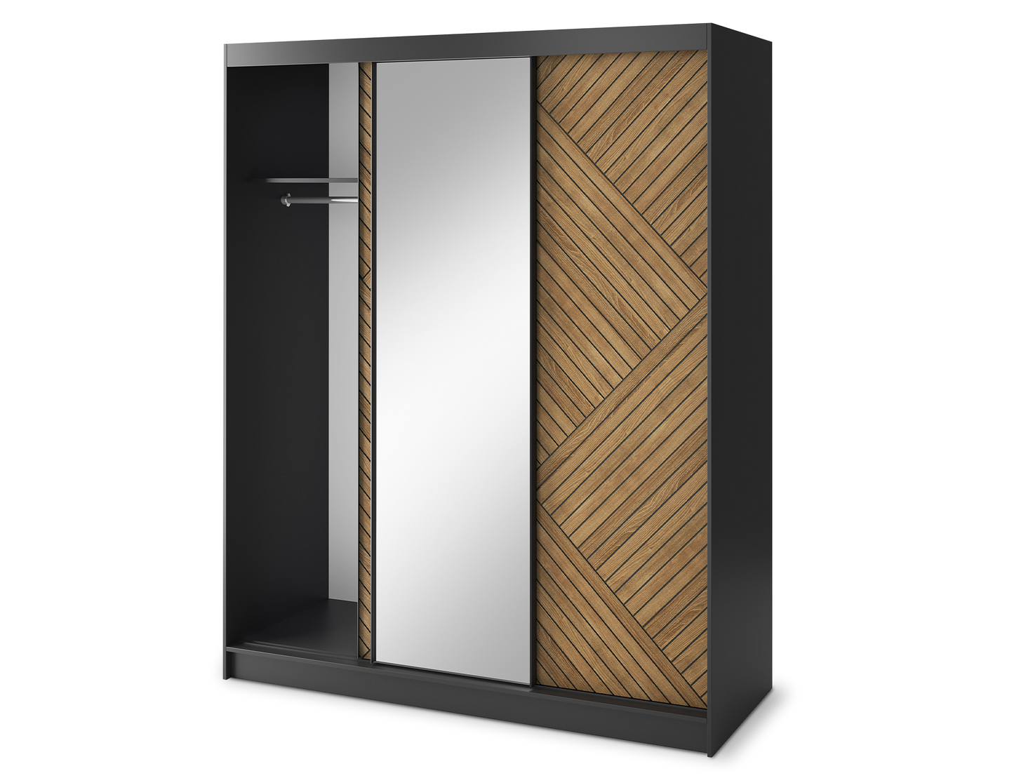 Marrphy Mirrored 3 Sliding Door Freestanding Wardrobe - Black/Oak Caramel