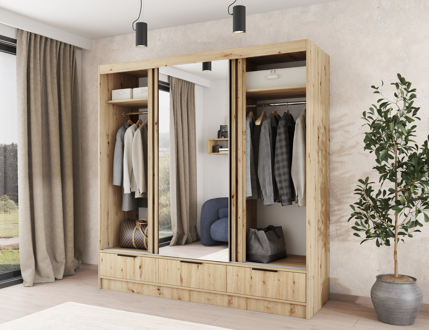 ReForm Creative Home Voodi III Oak Wood Paneled Free Standing Wardrobe - Light Artisan Oak-Free Delivery-USA & CANADA