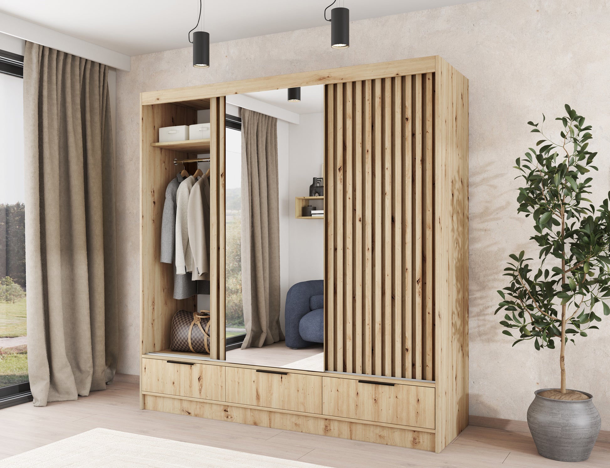 ReForm Creative Home Voodi III Oak Wood Paneled Free Standing Wardrobe - Light Artisan Oak-Free Delivery-USA & CANADA