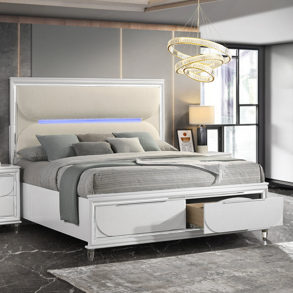 ReForm Creative Home Cassandra Platform Storage Bed w/Led Lighting - Pearl White Free Delivery USA & Canada