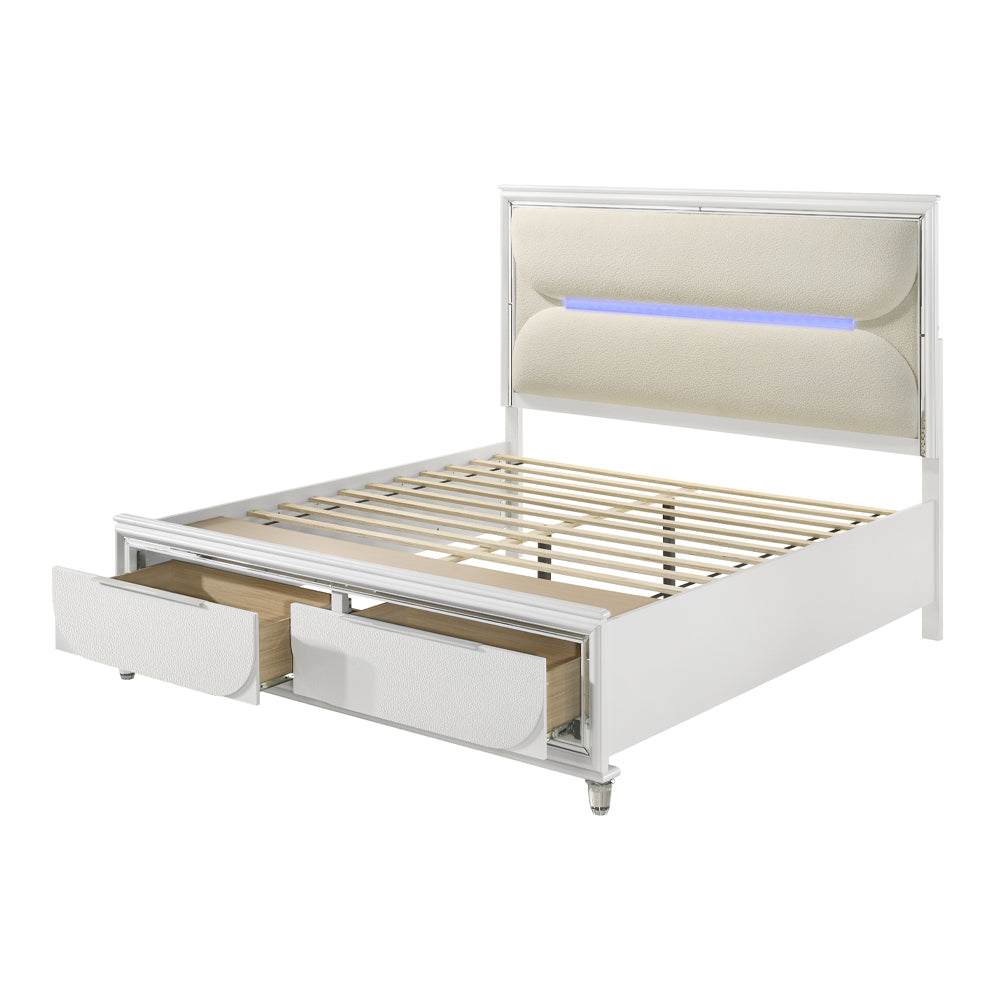 ReForm Creative Home Cassandra Platform Storage Bed w/Led Lighting - Pearl White Free Delivery USA & Canada