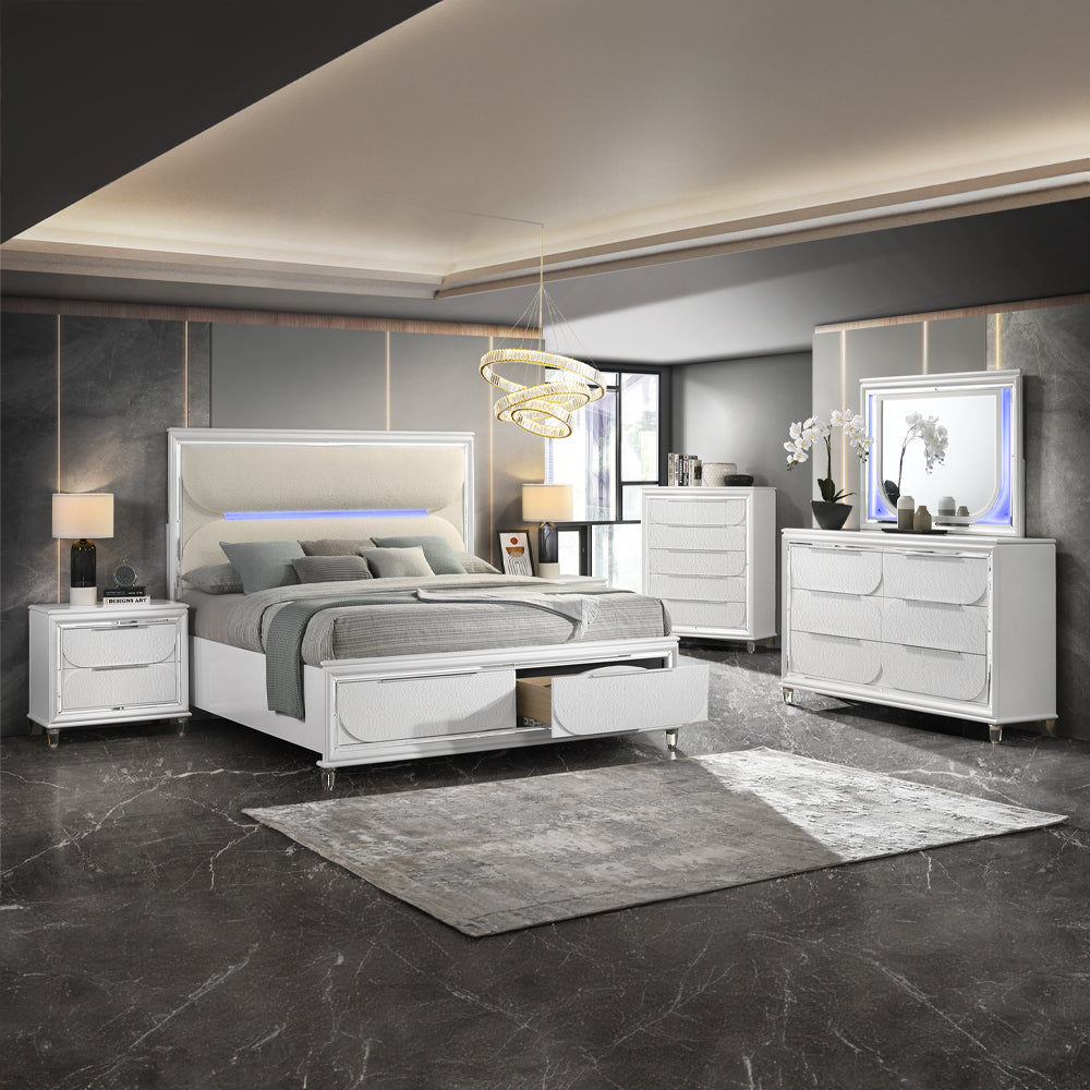 ReForm Creative Home Cassandra Platform Storage Bed w/Led Lighting - Pearl White Free Delivery USA & Canada