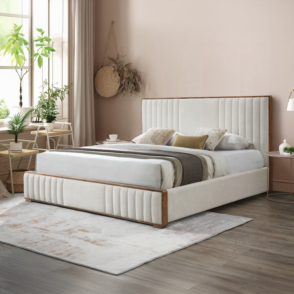 ReForm Creative Home Mahi Upholstered Platform Bed - Beige/Walnut Free Delivery USA & Canada