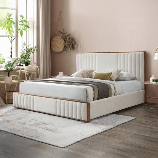 ReForm Creative Home Mahi Upholstered Platform Bed - Beige/Walnut Free Delivery USA & Canada