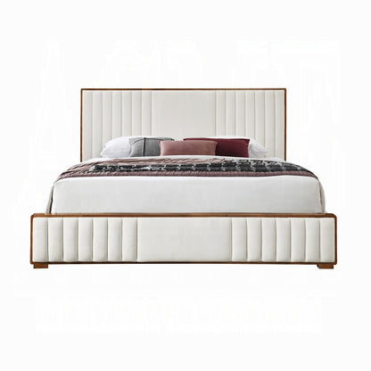 ReForm Creative Home Mahi Upholstered Platform Bed - Beige/Walnut Free Delivery USA & Canada