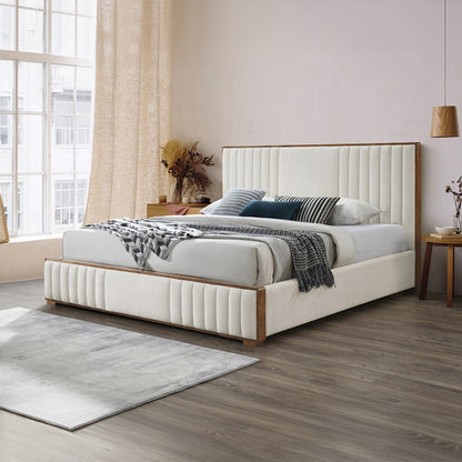ReForm Creative Home Mahi Upholstered Platform Bed - Beige/Walnut Free Delivery USA & Canada
