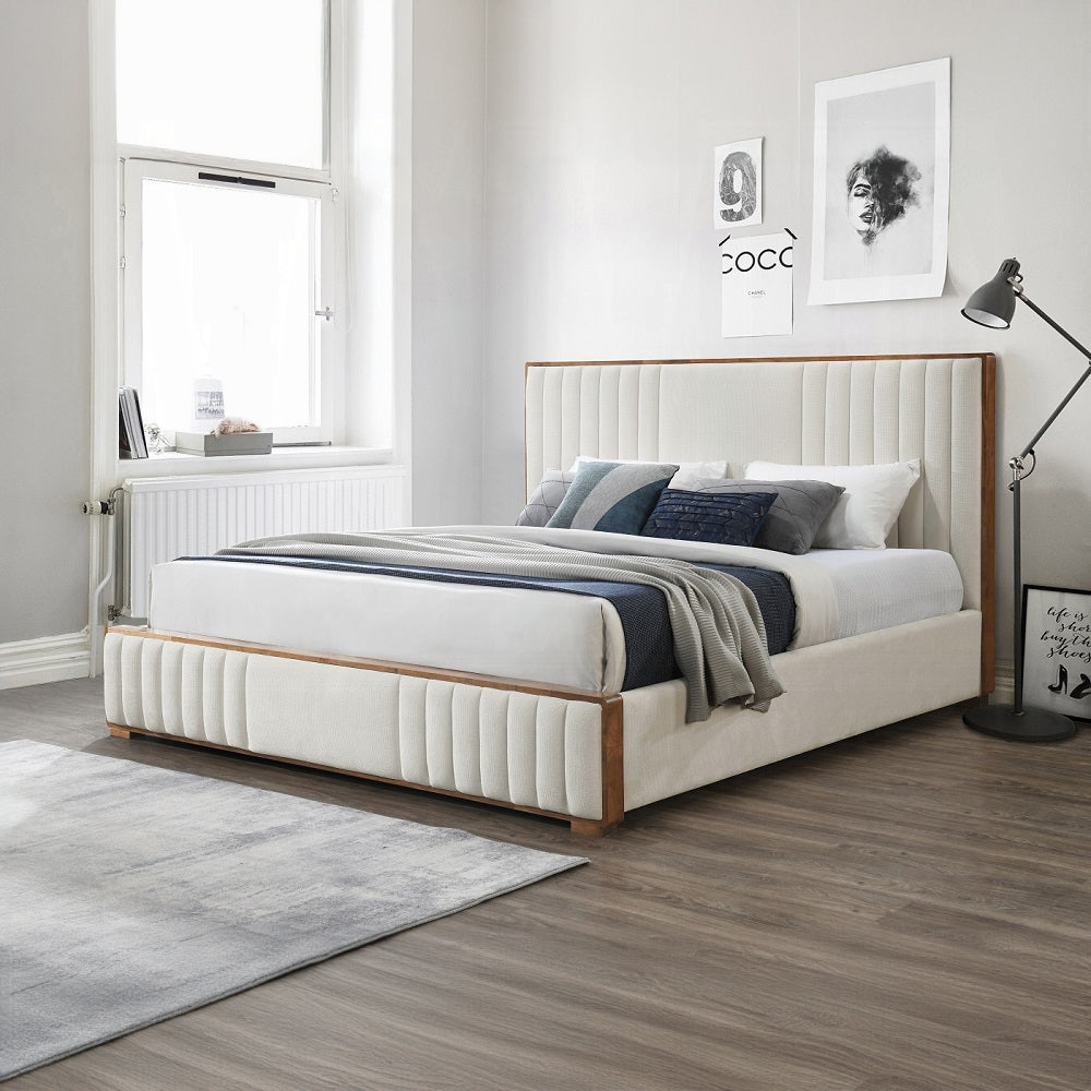 ReForm Creative Home Mahi Upholstered Platform Bed - Beige/Walnut Free Delivery USA & Canada