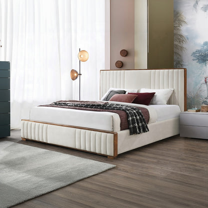 ReForm Creative Home Mahi Upholstered Platform Bed - Beige/Walnut Free Delivery USA & Canada