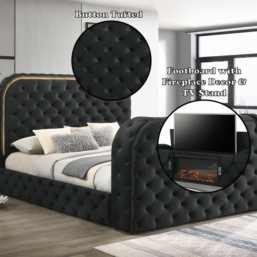 ReForm Creative Home Tagus Smart Platform Bed with LED/ Fireplace/ TV Stand - Black Free Delivery USA & Canada