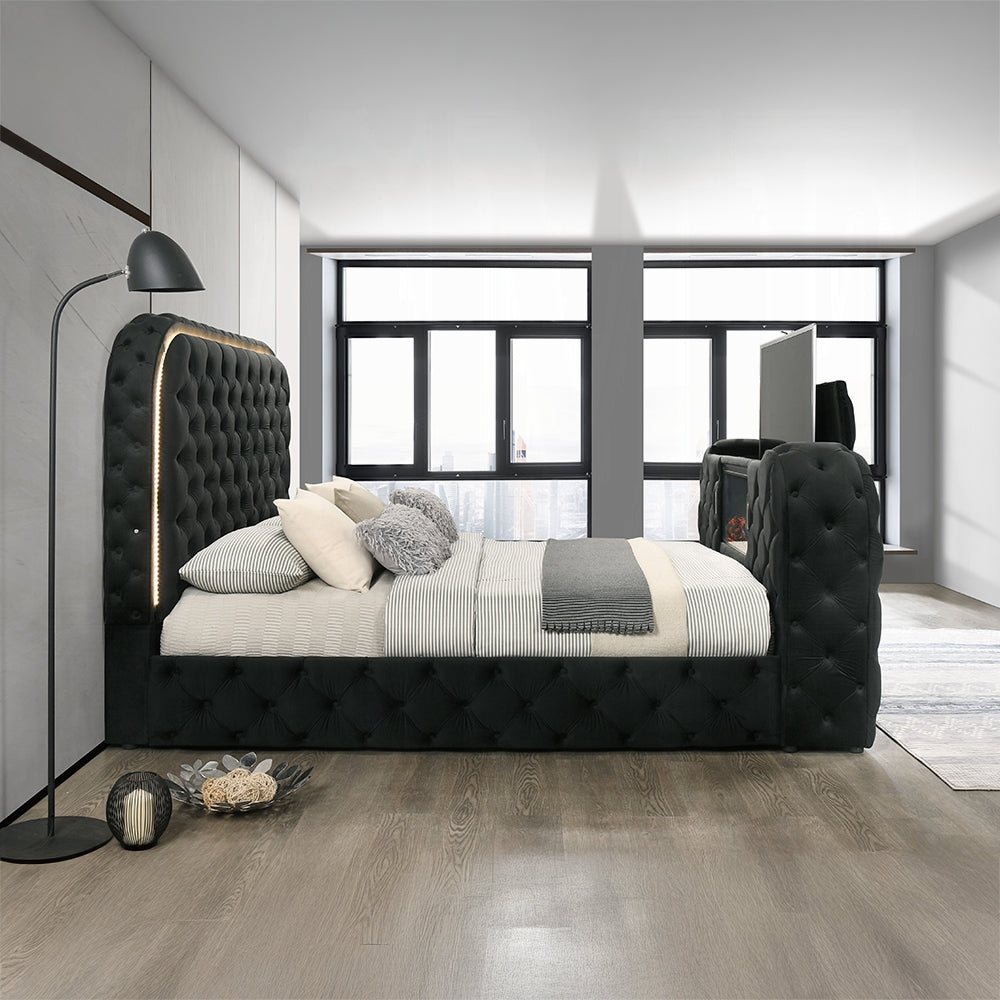 ReForm Creative Home Tagus Smart Platform Bed with LED/ Fireplace/ TV Stand - Black Free Delivery USA & Canada