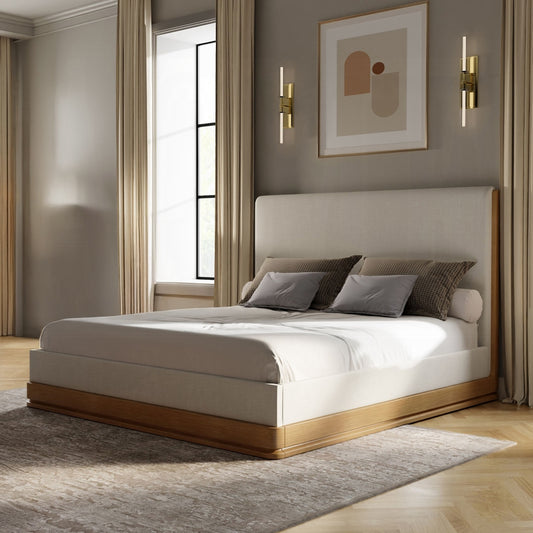 ReForm Creative Home Yami Wood Detail Upholstered Platform Bed - Beige Oak-Free Delivery-USA & CANADA