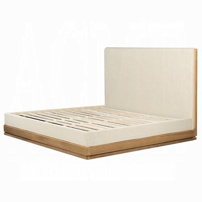 Yami Wood Detail Upholstered Platform Bed - Beige Oak