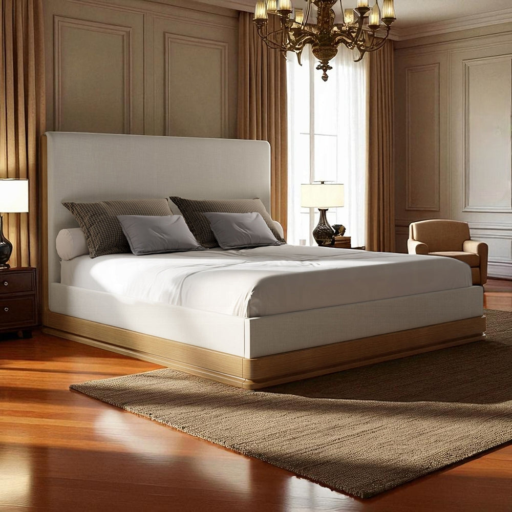 ReForm Creative Home Yami Wood Detail Upholstered Platform Bed - Beige Oak-Free Delivery-USA & CANADA