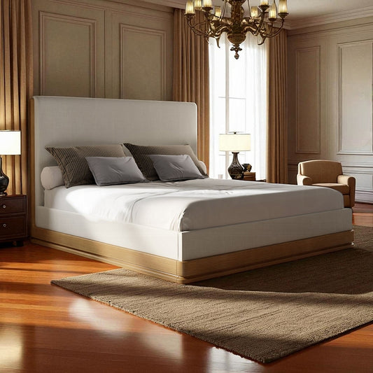 ReForm Creative Home Yami Wood Detail Upholstered Platform Bed - Beige Oak-Free Delivery-USA & CANADA